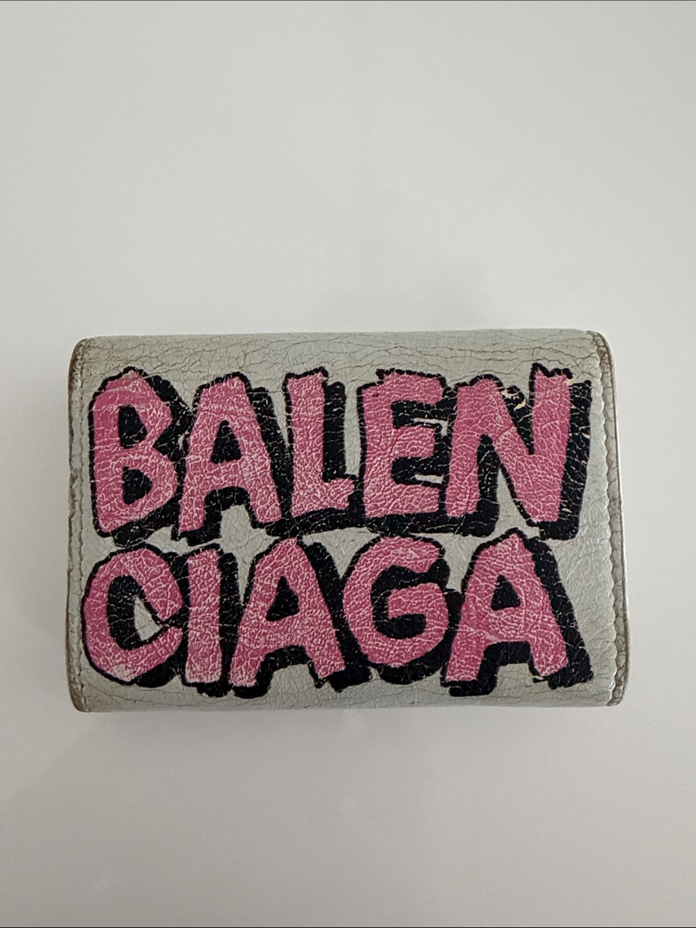 Balenciaga Graffiti Logo Compact Wallet in Light Gray with Pink and Black